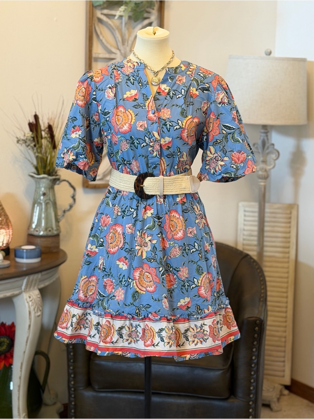 Jolie Blue Floral Short Sleeve Tiered Mini Dress